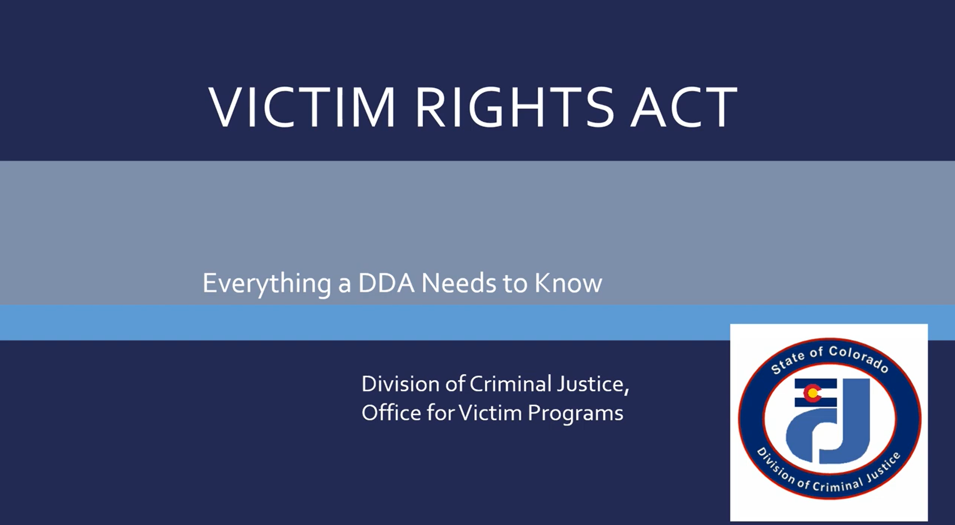 Title slide of Webinar for Deputy DA's Colorado Victim Rights Act