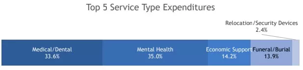 The top 5 service type expenditures in 2020 include medical, mental health, economic support, funerals, and relocation.